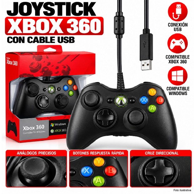 &ua JOYSTICK XBOX 360 CON CABLE CAJA ROJA